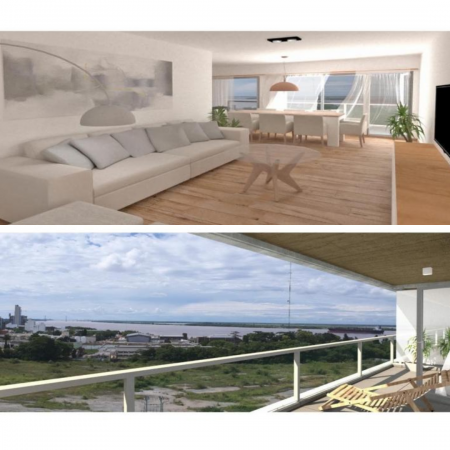 VENTA DEPARTAMENTO Oportunidad TRES DORMITORIOS vista al rio- Edificio de categoria en construccion.  Amplios balcones. Amenities. Cochera.  Av Candido Carballo 410