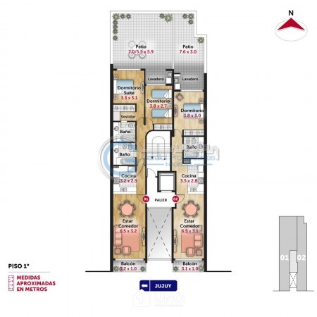 VENTA DEPARTAMENTO Semipiso 2 dormitorios con cochera. Balcon y patio. Amenities - Jujuy 1600